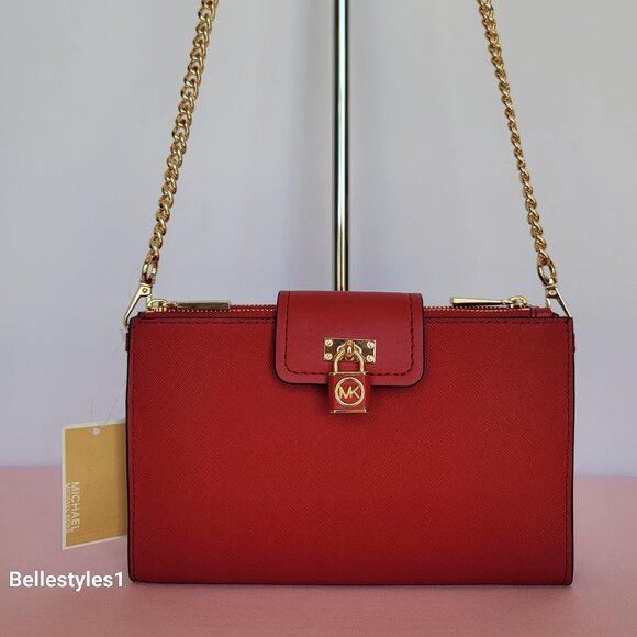 MICHAEL KORS Ruby Small Double-Zip Saffiano Leather Crossbody Bag- Crimson ⭐ - Picture 1 of 16